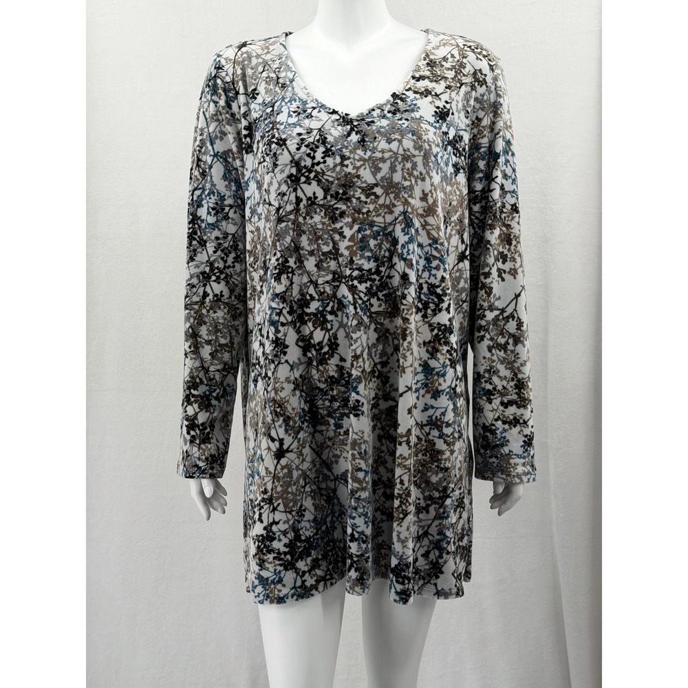 Pure J Jill Top Womens XL Blue Gray Floral Tunic Long Sleeve Stretch Casual